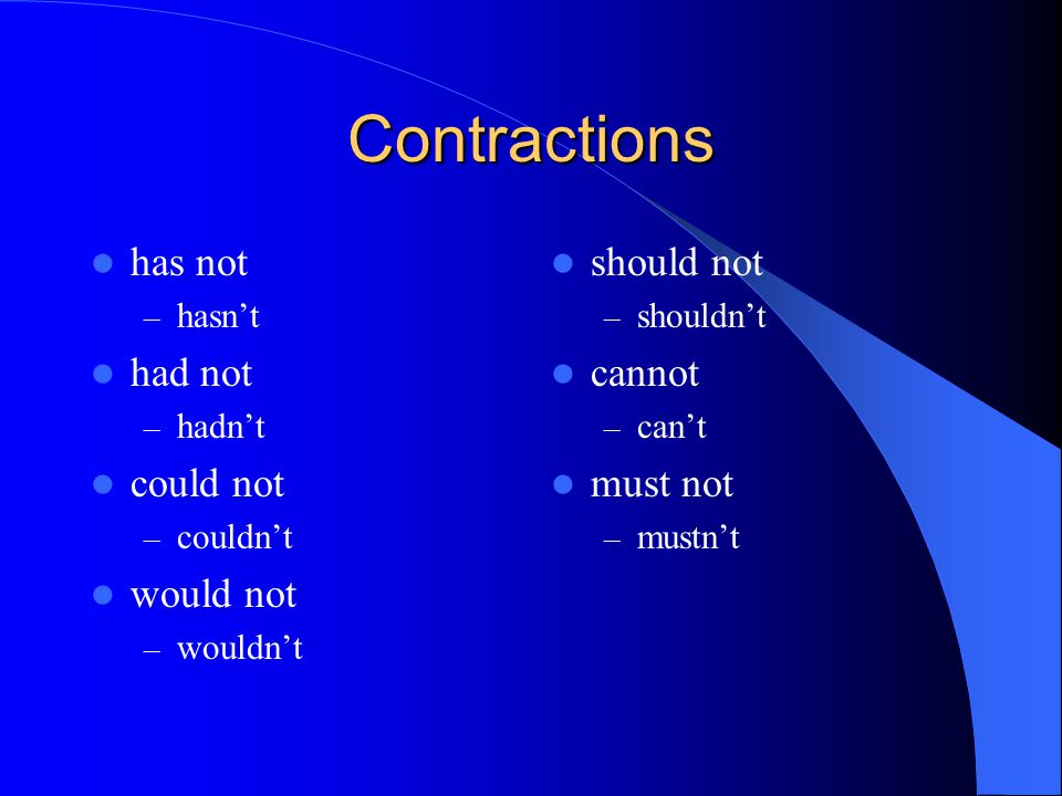 Contractions has not – hasn’t had not – hadn’t could not – couldn’t would not – wouldn’t should not – shouldn’t cannot – can’t must not – mustn’t