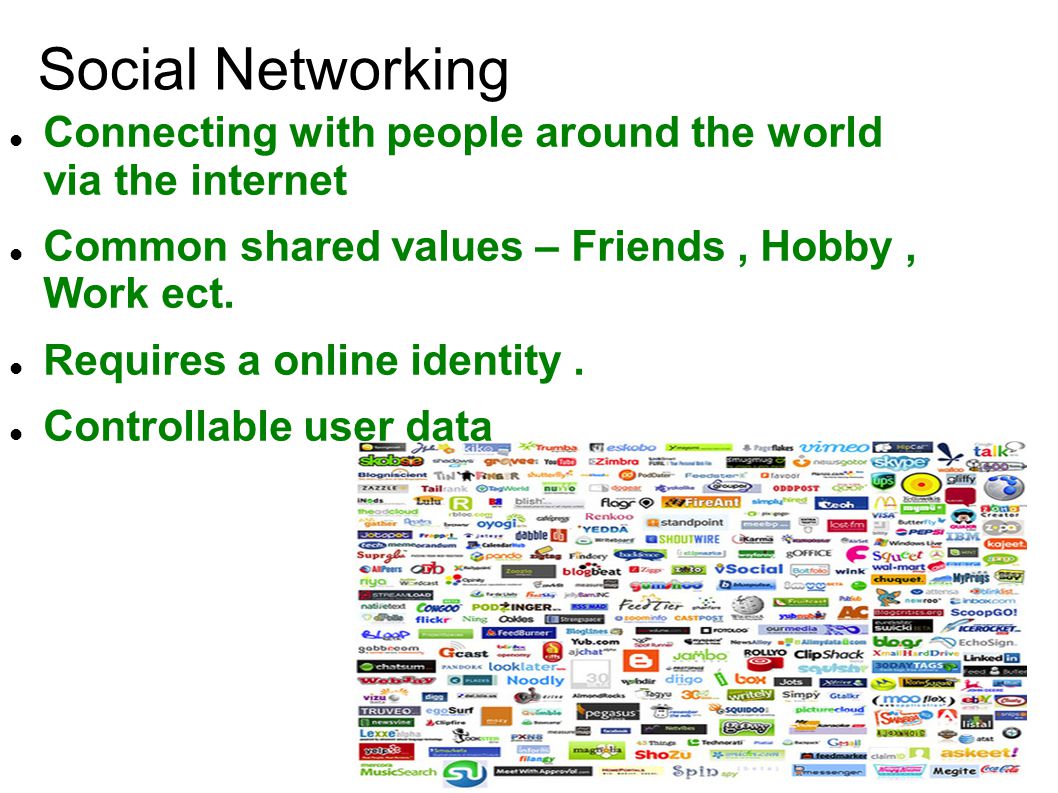 Social Networking Connecting with people around the world via the internet Common shared values – Friends, Hobby, Work ect.