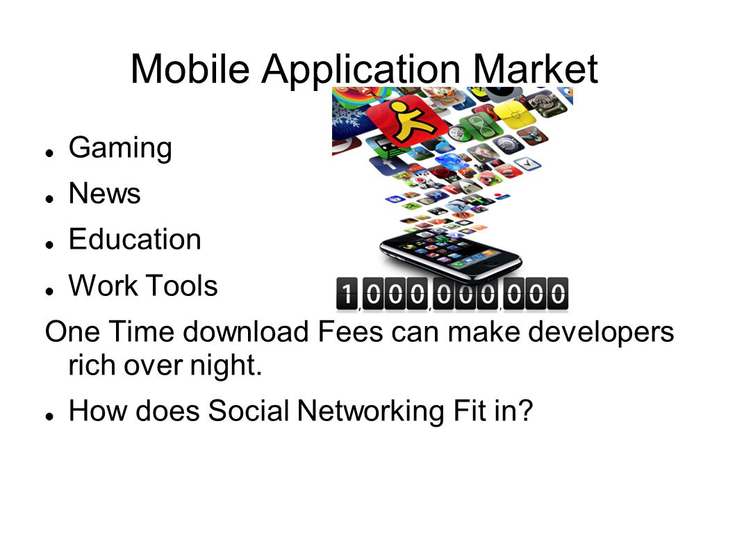 Mobile Application Market Gaming News Education Work Tools One Time download Fees can make developers rich over night.