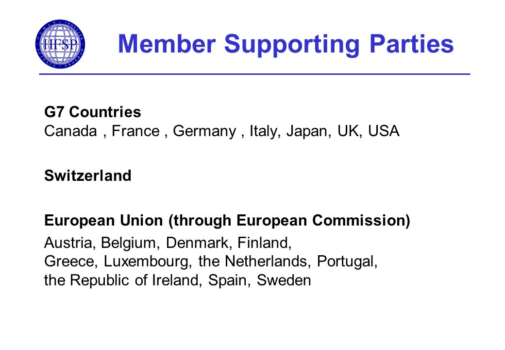 Member Supporting Parties G7 Countries Canada, France, Germany, Italy, Japan, UK, USA Switzerland European Union (through European Commission) Austria, Belgium, Denmark, Finland, Greece, Luxembourg, the Netherlands, Portugal, the Republic of Ireland, Spain, Sweden