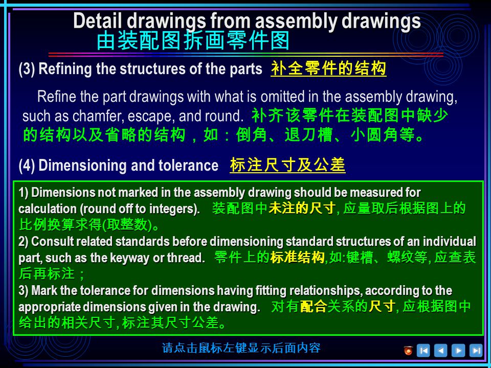 (2) Determining the representation 确定其表达方案 Analyze what type the part belongs to 分析属哪类零件 Determine the projection direction of the front view 确定主视图观察方向 Determine how many views are needed (Where to use section or cut view ) 需用几个视图表达 ( 何处用剖视或断面图 ) 请点击鼠标左键显示后面内容 Detail drawings from assembly drawings Detail drawings from assembly drawings 由装配图拆画零件图 由装配图拆画零件图