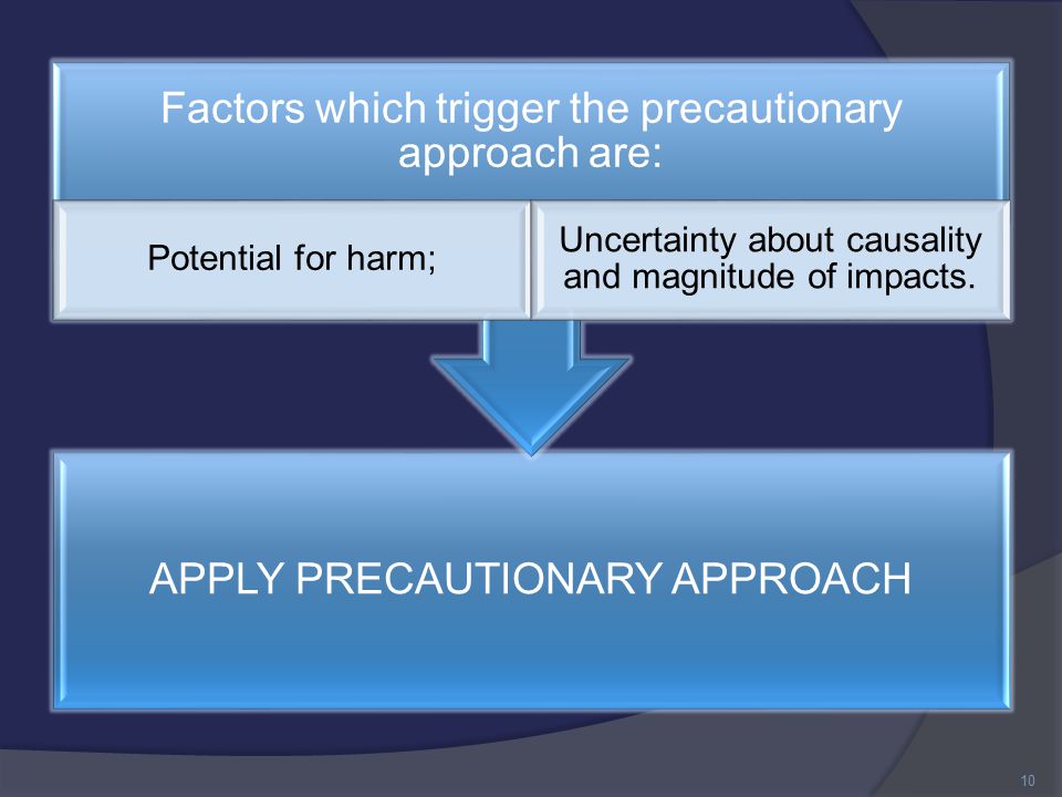 APPLY PRECAUTIONARY APPROACH Factors which trigger the precautionary approach are: Potential for harm; Uncertainty about causality and magnitude of impacts.