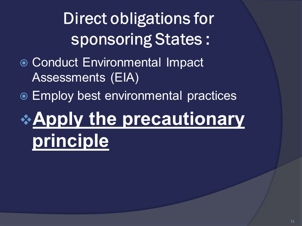 Direct obligations for sponsoring States :  Conduct Environmental Impact Assessments (EIA)  Employ best environmental practices  Apply the precautionary principle 14