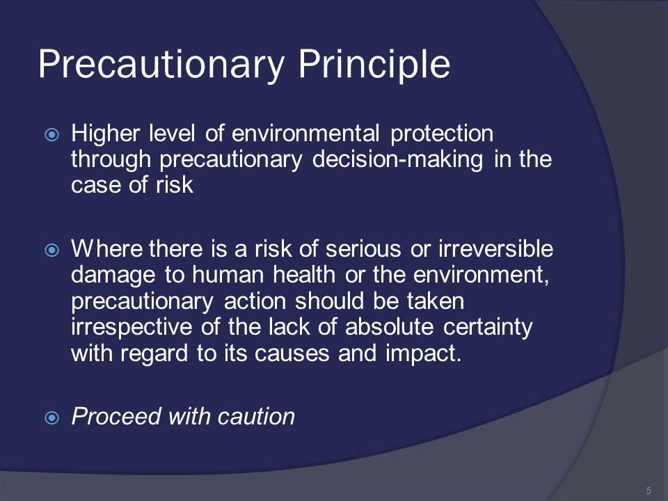 Precautionary Principle  Higher level of environmental protection through precautionary decision-making in the case of risk  Where there is a risk of serious or irreversible damage to human health or the environment, precautionary action should be taken irrespective of the lack of absolute certainty with regard to its causes and impact.