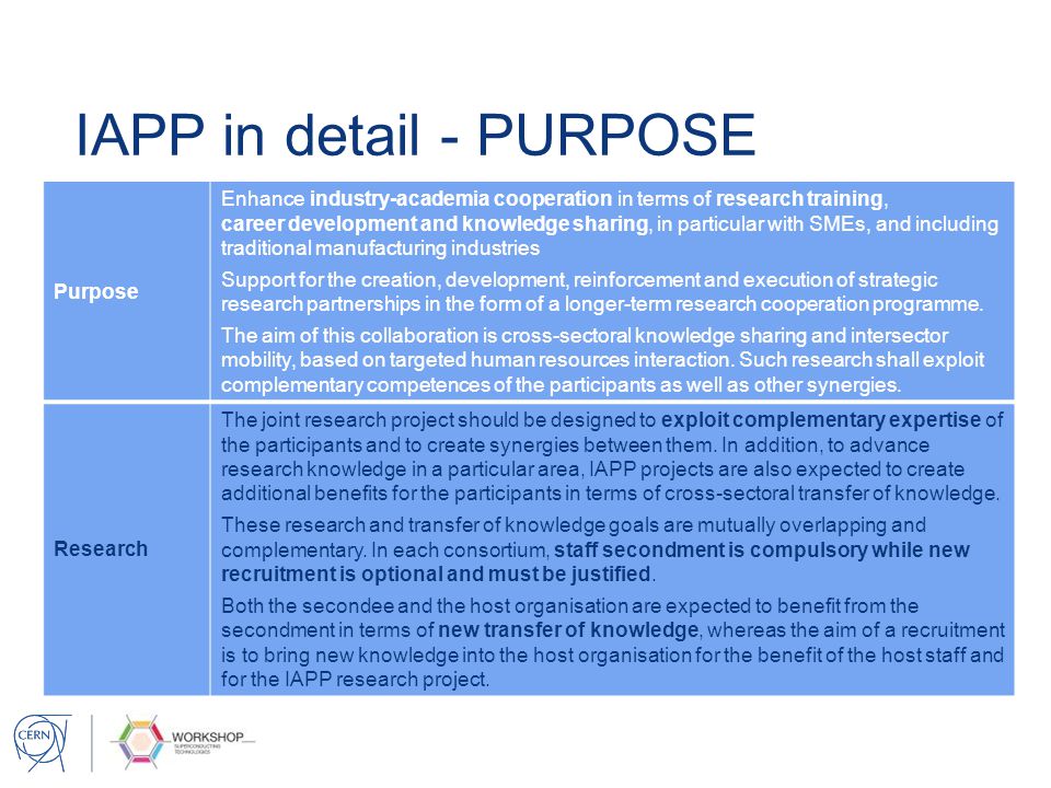 IAPP in detail - PURPOSE Purpose Enhance industry-academia cooperation in terms of research training, career development and knowledge sharing, in particular with SMEs, and including traditional manufacturing industries Support for the creation, development, reinforcement and execution of strategic research partnerships in the form of a longer-term research cooperation programme.