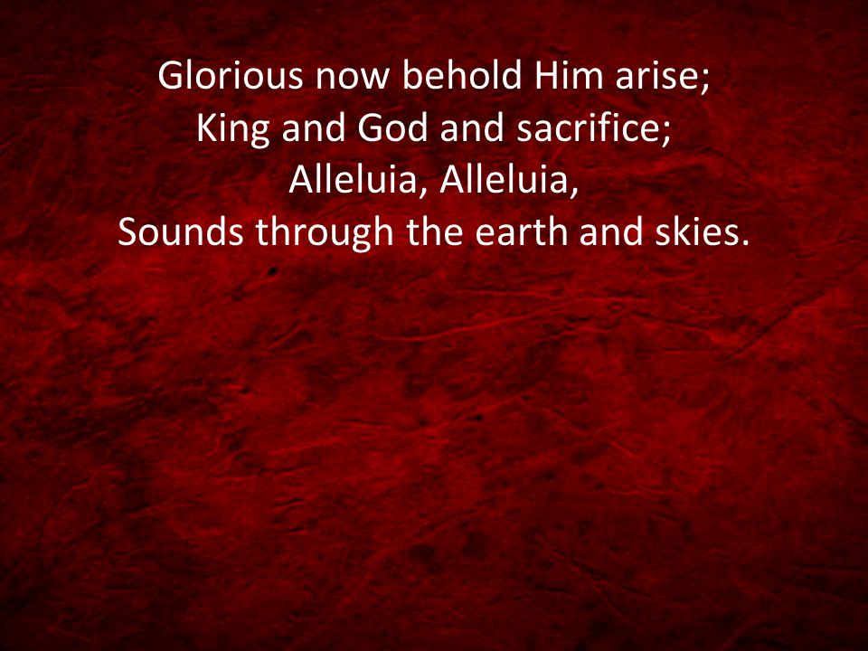 Glorious now behold Him arise; King and God and sacrifice; Alleluia, Alleluia, Sounds through the earth and skies.