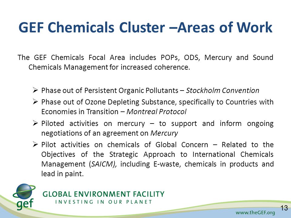 GEF Chemicals Cluster –Areas of Work The GEF Chemicals Focal Area includes POPs, ODS, Mercury and Sound Chemicals Management for increased coherence.