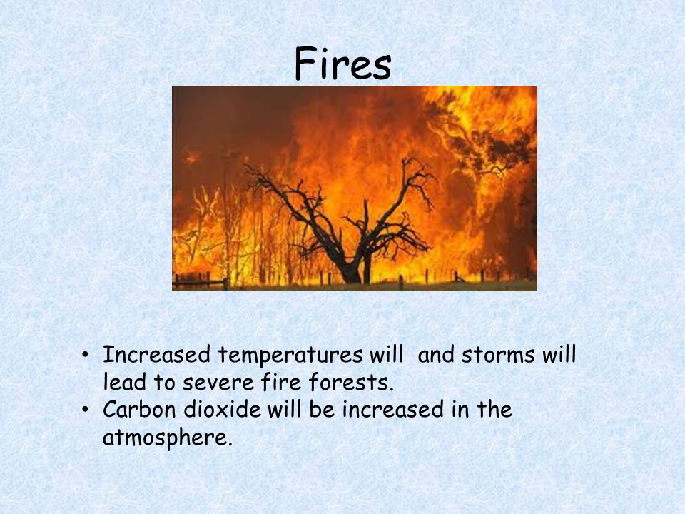 Fires Increased temperatures will and storms will lead to severe fire forests.