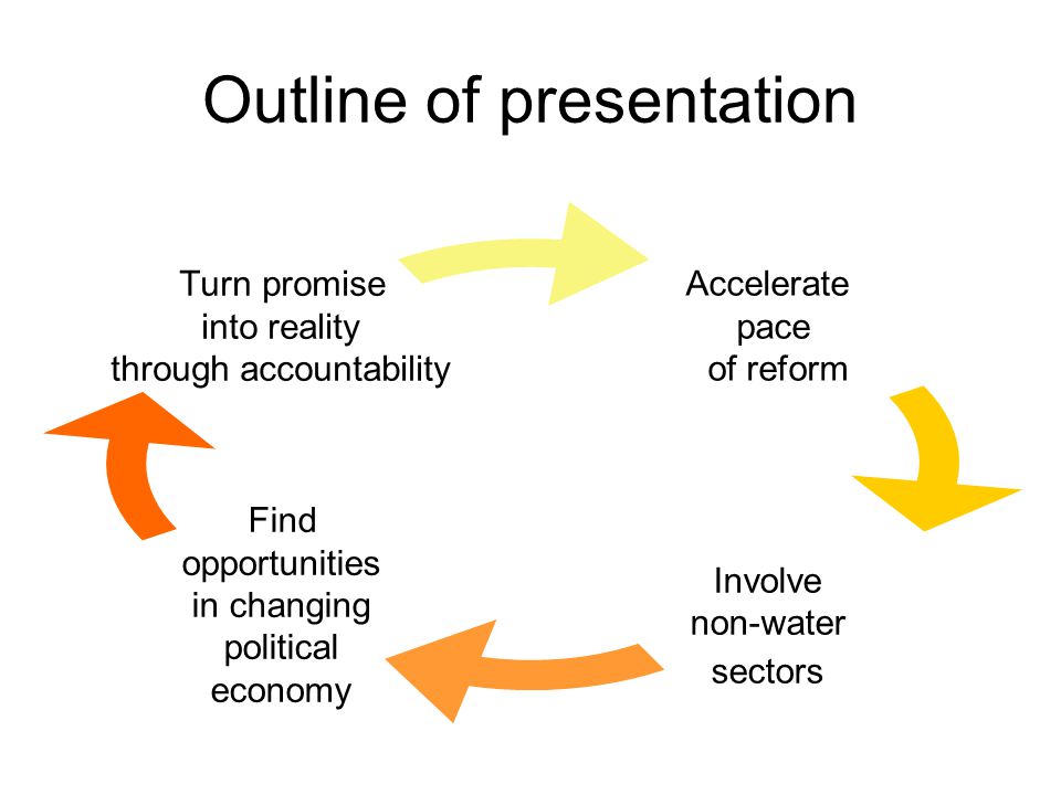 Outline of presentation Accelerate pace of reform Involve non-water sectors Find opportunities in changing political economy Turn promise into reality through accountability