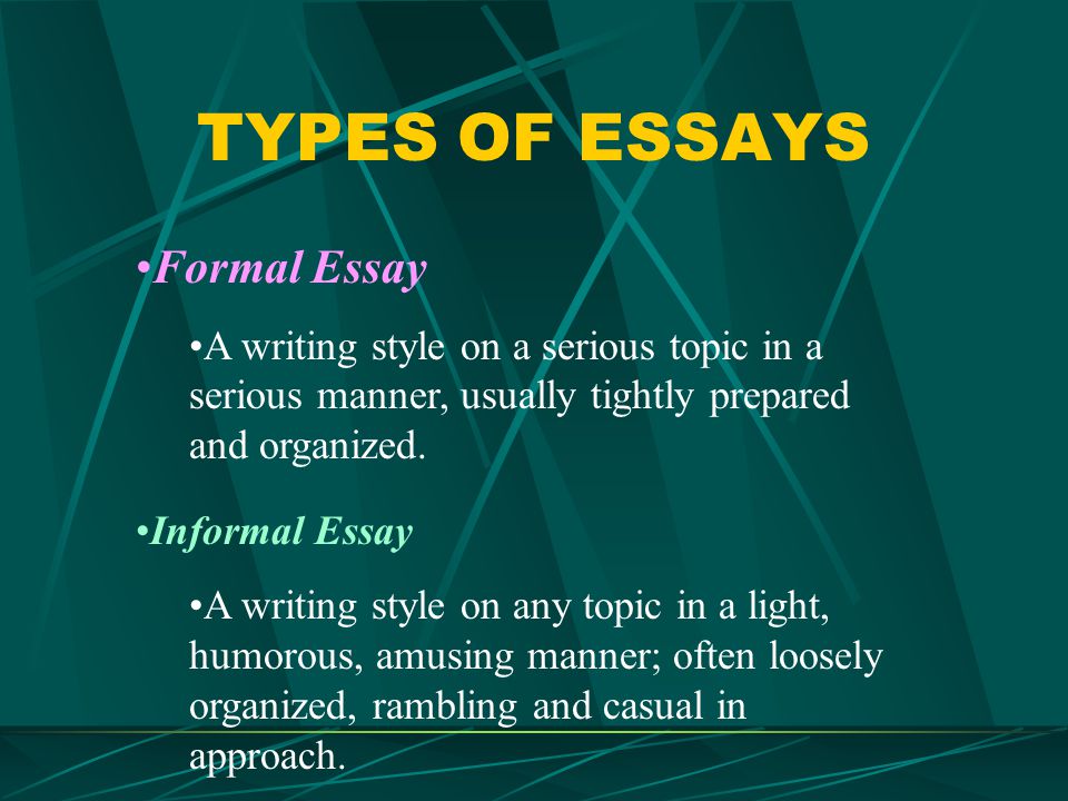 TYPES OF ESSAYS Formal Essay A writing style on a serious topic in a serious manner, usually tightly prepared and organized.