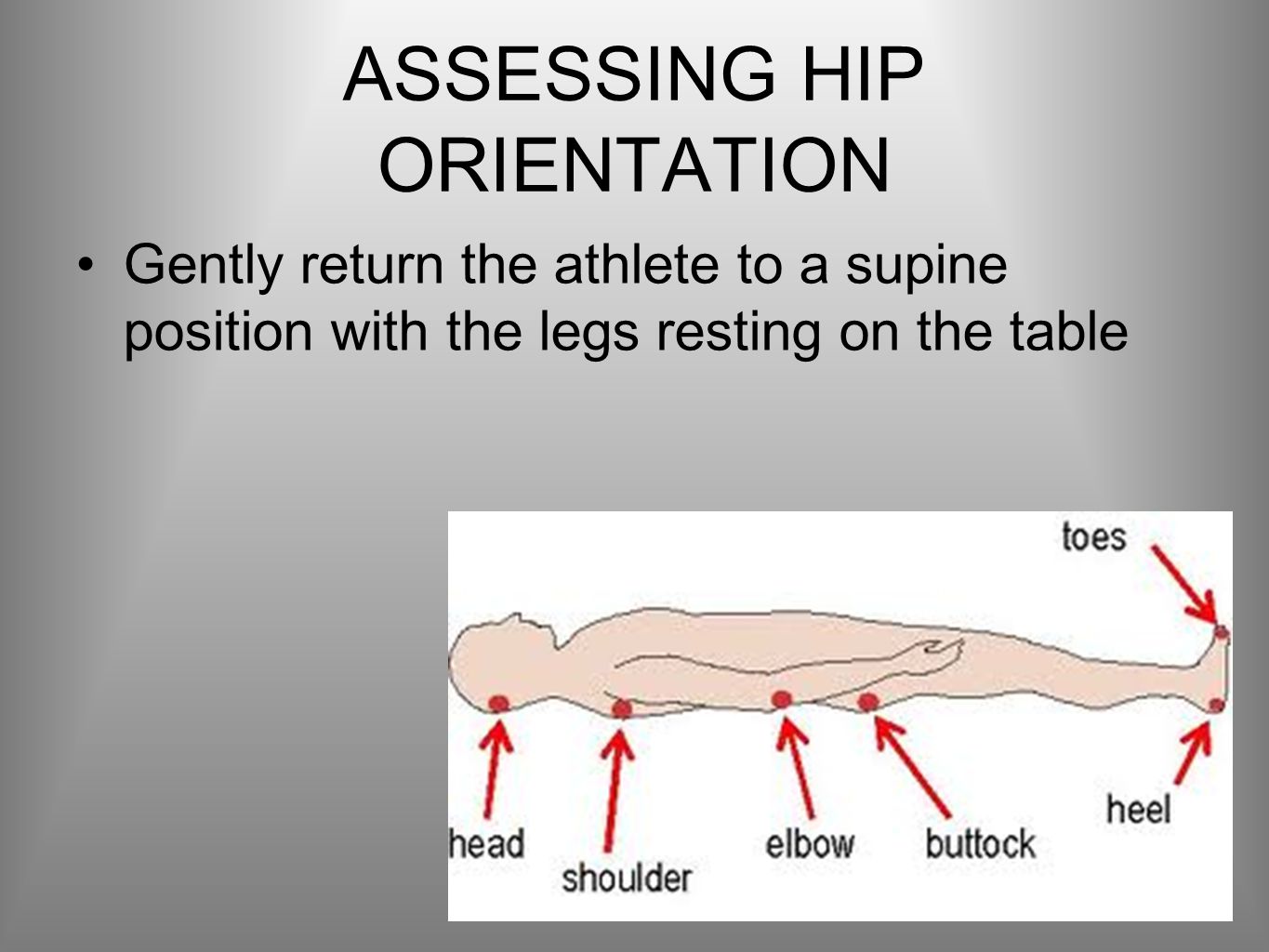 ASSESSING HIP ORIENTATION Gently return the athlete to a supine position with the legs resting on the table
