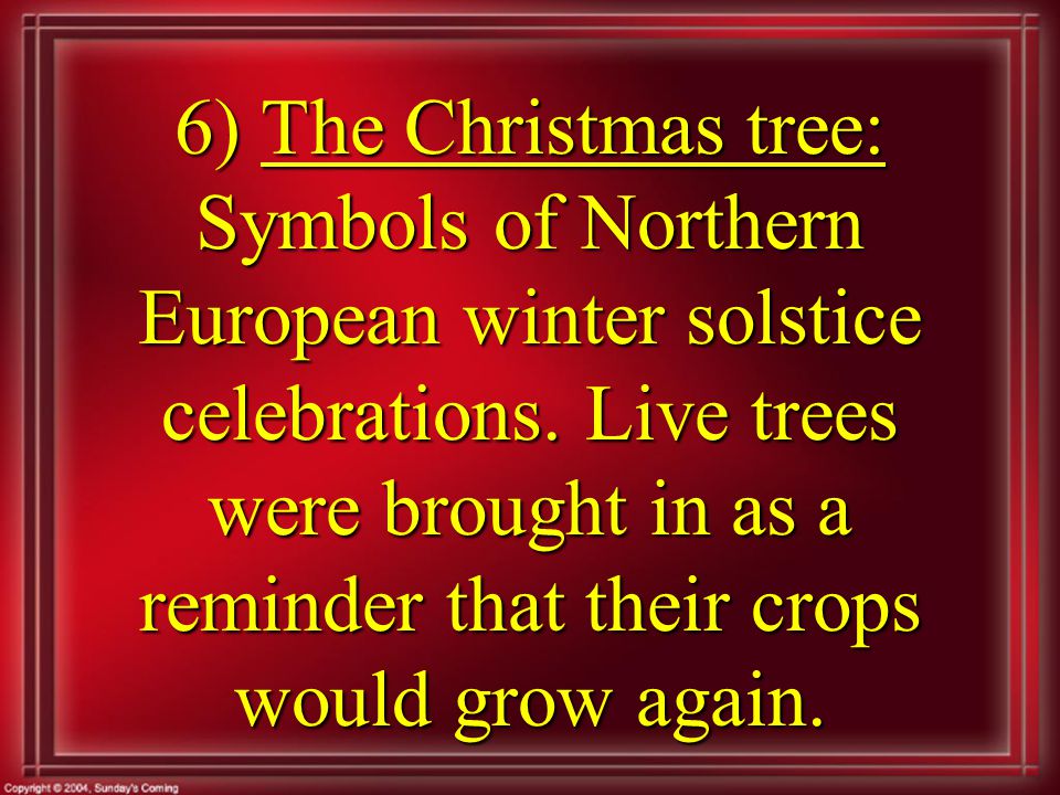6) The Christmas tree: Symbols of Northern European winter solstice celebrations.