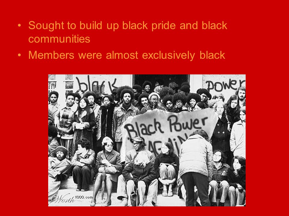Sought to build up black pride and black communities Members were almost exclusively black