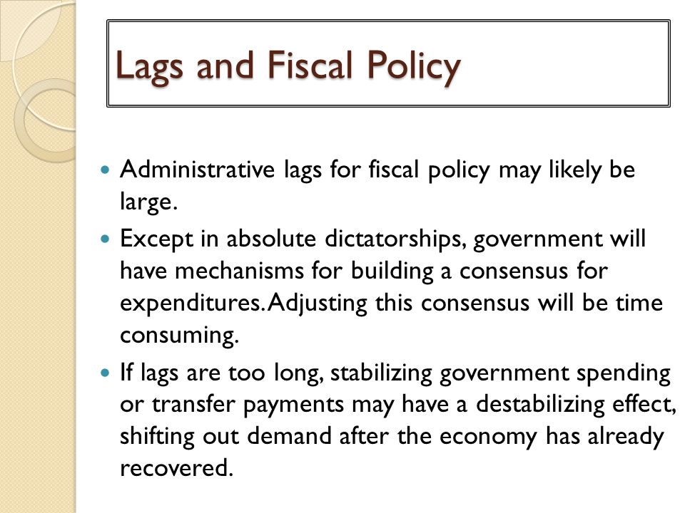 Lags and Fiscal Policy Administrative lags for fiscal policy may likely be large.