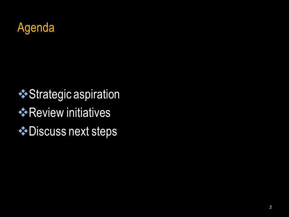 Agenda  Strategic aspiration  Review initiatives  Discuss next steps 2