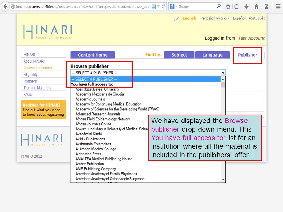 We have displayed the Browse publisher drop down menu.
