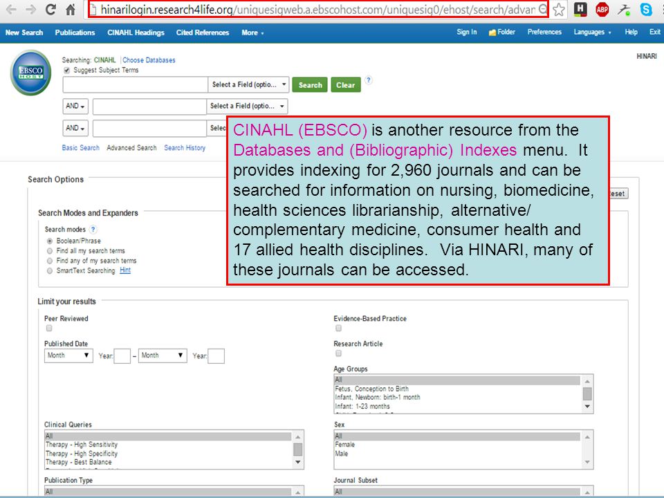 CINAHL (EBSCO) is another resource from the Databases and (Bibliographic) Indexes menu.