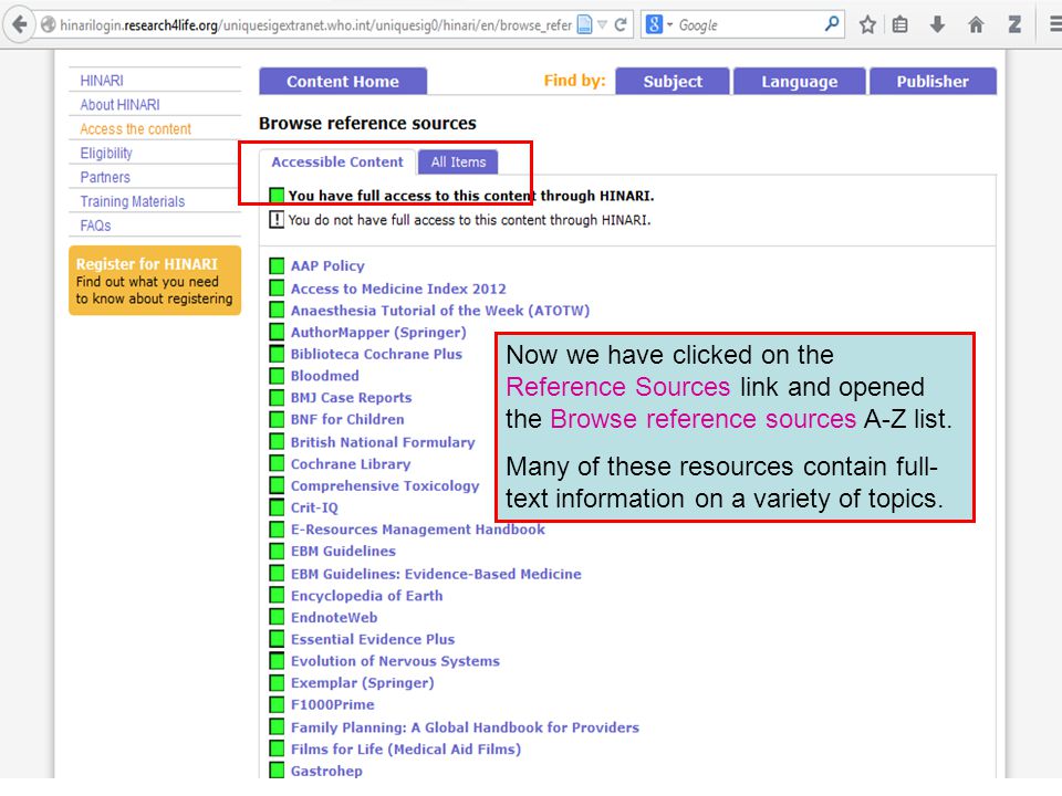 Now we have clicked on the Reference Sources link and opened the Browse reference sources A-Z list.