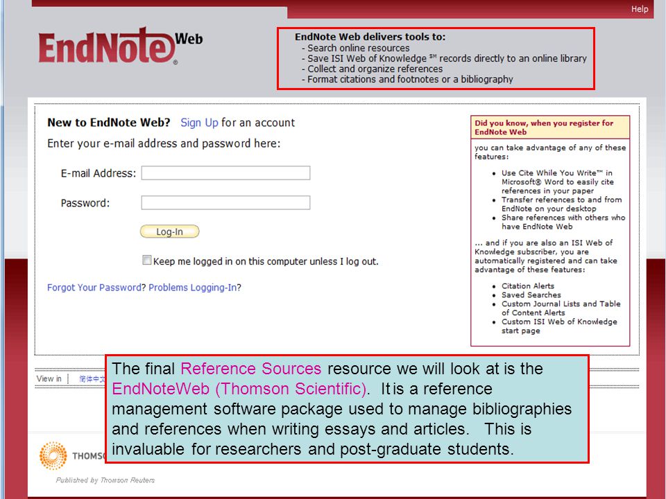 The final Reference Sources resource we will look at is the EndNoteWeb (Thomson Scientific).