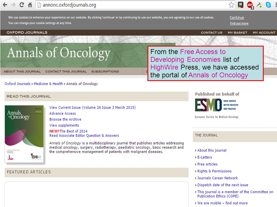 From the Free Access to Developing Economies list of HighWire Press, we have accessed the portal of Annals of Oncology