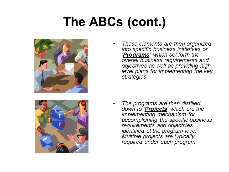 The ABCs (cont.) These elements are then organized into specific business initiatives or ‘Programs’ which set forth the overall business requirements and objectives as well as providing high- level plans for implementing the key strategies.