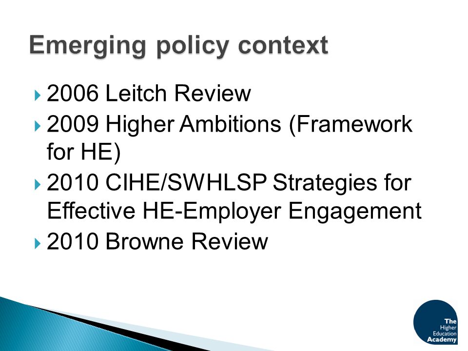  2006 Leitch Review  2009 Higher Ambitions (Framework for HE)  2010 CIHE/SWHLSP Strategies for Effective HE-Employer Engagement  2010 Browne Review