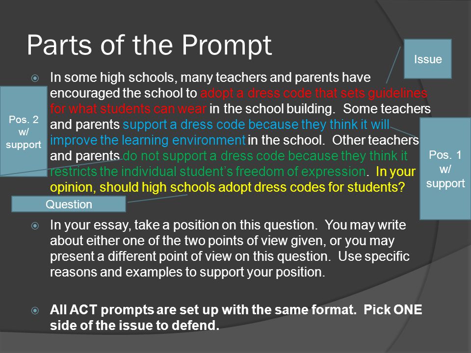 Parts of the Prompt  In some high schools, many teachers and parents have encouraged the school to adopt a dress code that sets guidelines for what students can wear in the school building.