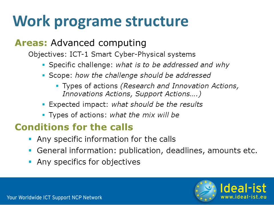 Areas: Advanced computing Objectives: ICT-1 Smart Cyber-Physical systems  Specific challenge: what is to be addressed and why  Scope: how the challenge should be addressed  Types of actions (Research and Innovation Actions, Innovations Actions, Support Actions….)  Expected impact: what should be the results  Types of actions: what the mix will be Conditions for the calls  Any specific information for the calls  General information: publication, deadlines, amounts etc.