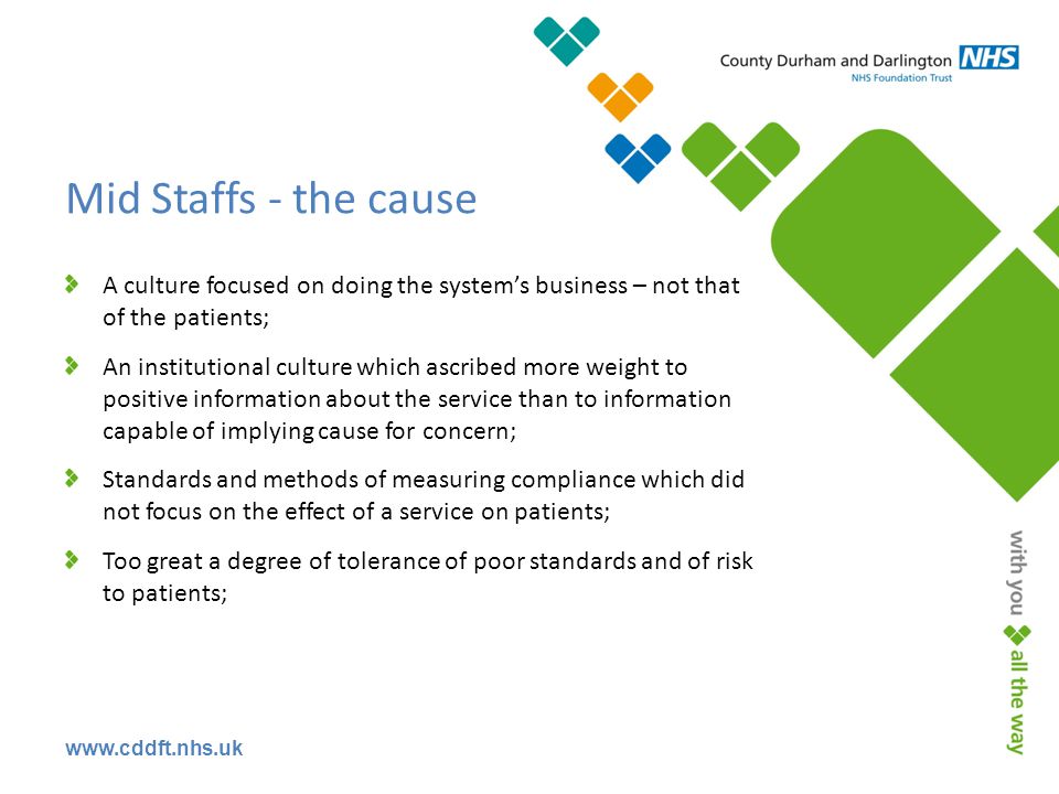 Mid Staffs - the cause A culture focused on doing the system’s business – not that of the patients; An institutional culture which ascribed more weight to positive information about the service than to information capable of implying cause for concern; Standards and methods of measuring compliance which did not focus on the effect of a service on patients; Too great a degree of tolerance of poor standards and of risk to patients;