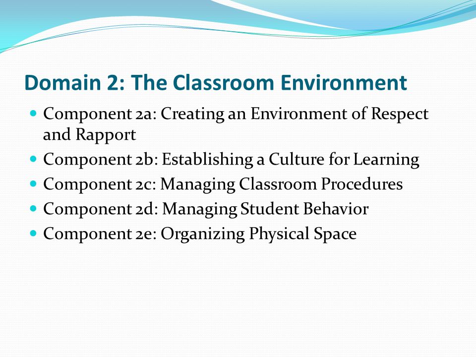Domain 2: The Classroom Environment Component 2a: Creating an Environment of Respect and Rapport Component 2b: Establishing a Culture for Learning Component 2c: Managing Classroom Procedures Component 2d: Managing Student Behavior Component 2e: Organizing Physical Space