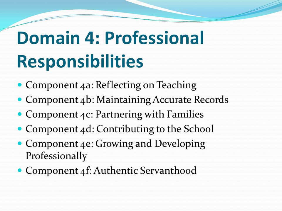 Domain 4: Professional Responsibilities Component 4a: Reflecting on Teaching Component 4b: Maintaining Accurate Records Component 4c: Partnering with Families Component 4d: Contributing to the School Component 4e: Growing and Developing Professionally Component 4f: Authentic Servanthood