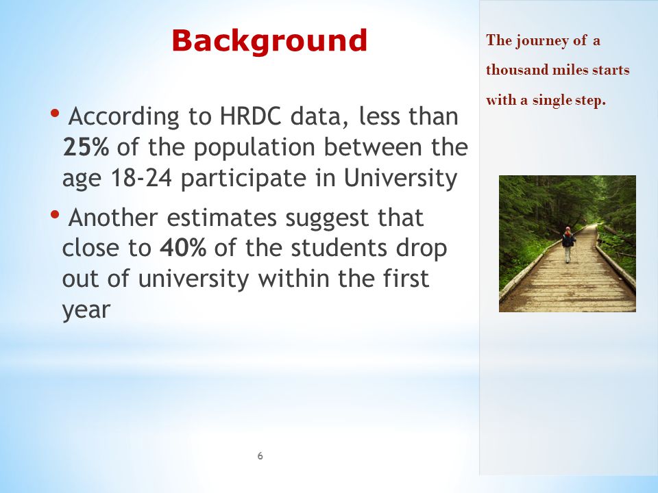 Background According to HRDC data, less than 25% of the population between the age participate in University Another estimates suggest that close to 40% of the students drop out of university within the first year 6 The journey of a thousand miles starts with a single step.