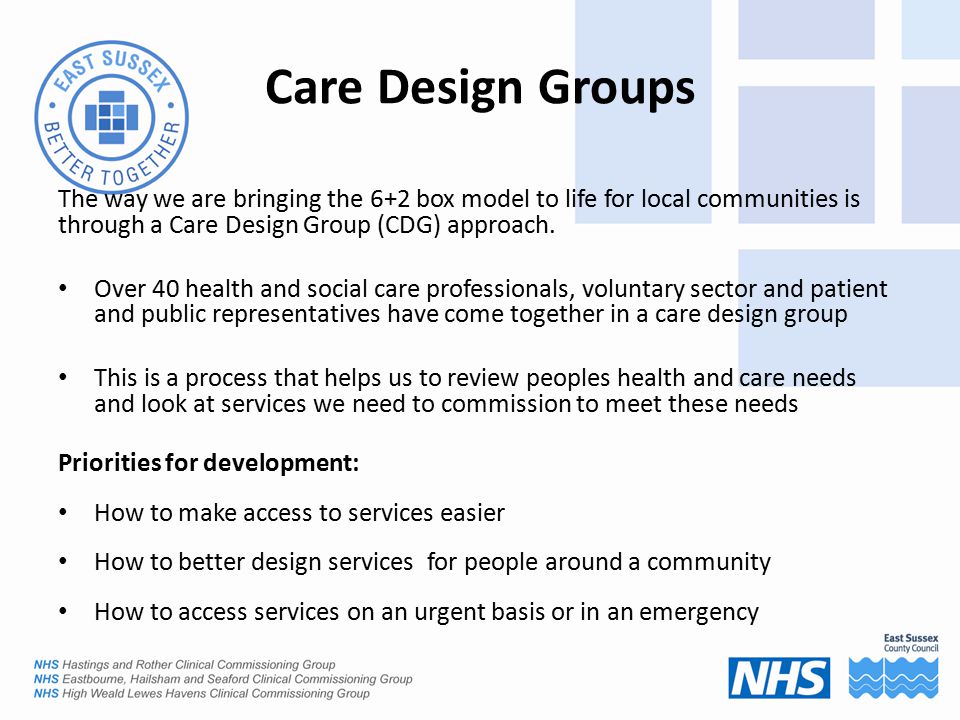 Care Design Groups The way we are bringing the 6+2 box model to life for local communities is through a Care Design Group (CDG) approach.