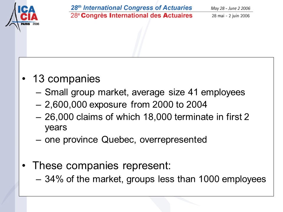 13 companies –Small group market, average size 41 employees –2,600,000 exposure from 2000 to 2004 –26,000 claims of which 18,000 terminate in first 2 years –one province Quebec, overrepresented These companies represent: –34% of the market, groups less than 1000 employees