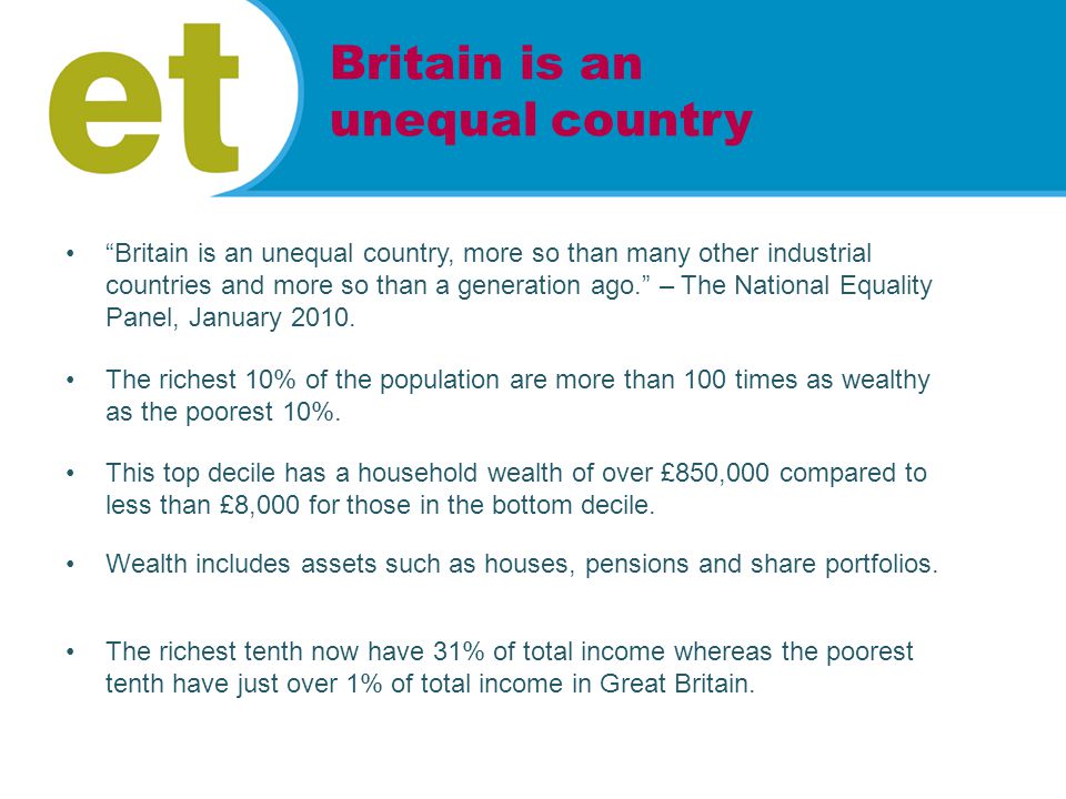Britain is an unequal country, more so than many other industrial countries and more so than a generation ago. – The National Equality Panel, January 2010.