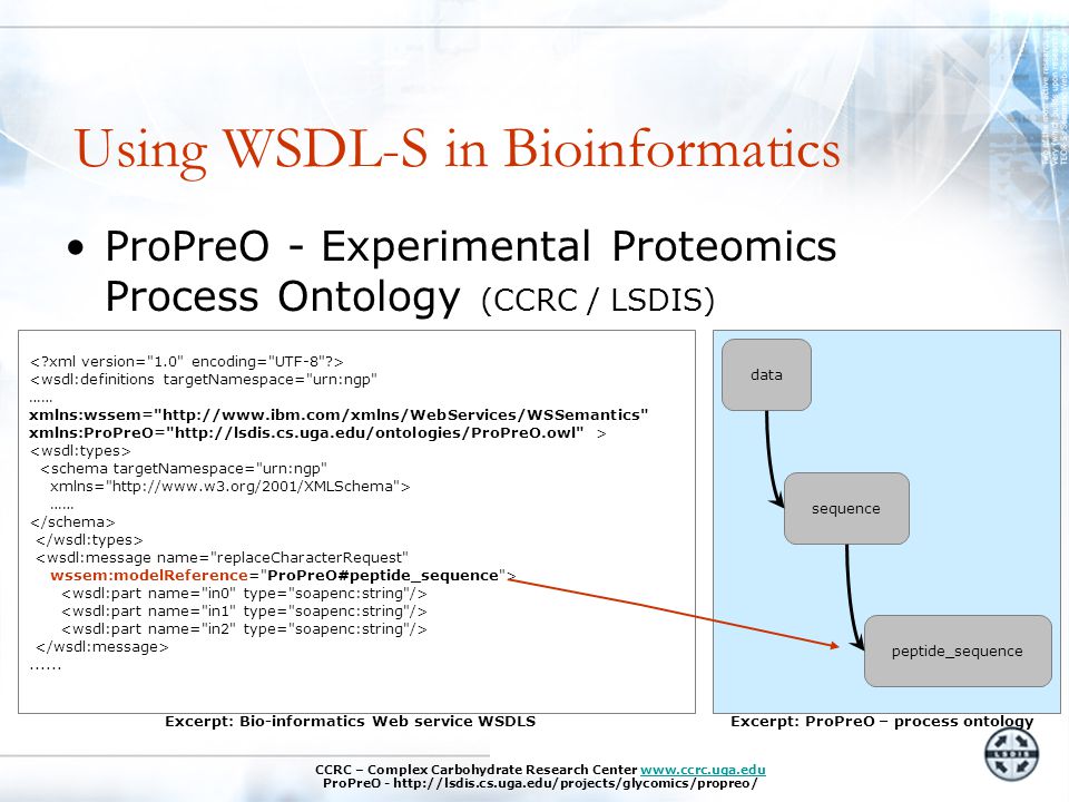 Using WSDL-S in Bioinformatics ProPreO - Experimental Proteomics Process Ontology (CCRC / LSDIS) data sequence peptide_sequence Excerpt: ProPreO – process ontology <wsdl:definitions targetNamespace= urn:ngp …… xmlns:wssem=   xmlns:ProPreO=   > <schema targetNamespace= urn:ngp xmlns=   > ……......