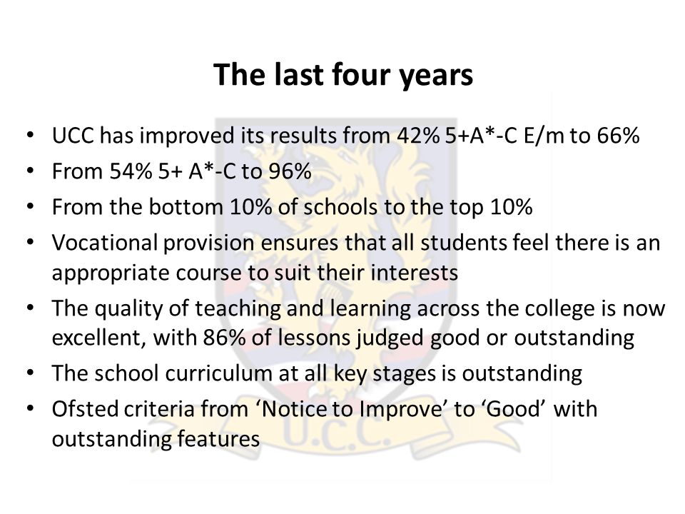 The last four years UCC has improved its results from 42% 5+A*-C E/m to 66% From 54% 5+ A*-C to 96% From the bottom 10% of schools to the top 10% Vocational provision ensures that all students feel there is an appropriate course to suit their interests The quality of teaching and learning across the college is now excellent, with 86% of lessons judged good or outstanding The school curriculum at all key stages is outstanding Ofsted criteria from ‘Notice to Improve’ to ‘Good’ with outstanding features