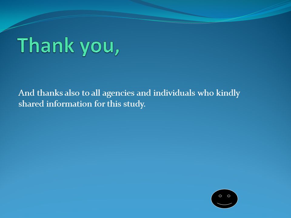 And thanks also to all agencies and individuals who kindly shared information for this study.
