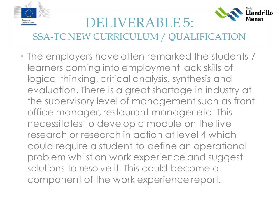 DELIVERABLE 5: SSA-TC NEW CURRICULUM / QUALIFICATION The employers have often remarked the students / learners coming into employment lack skills of logical thinking, critical analysis, synthesis and evaluation.