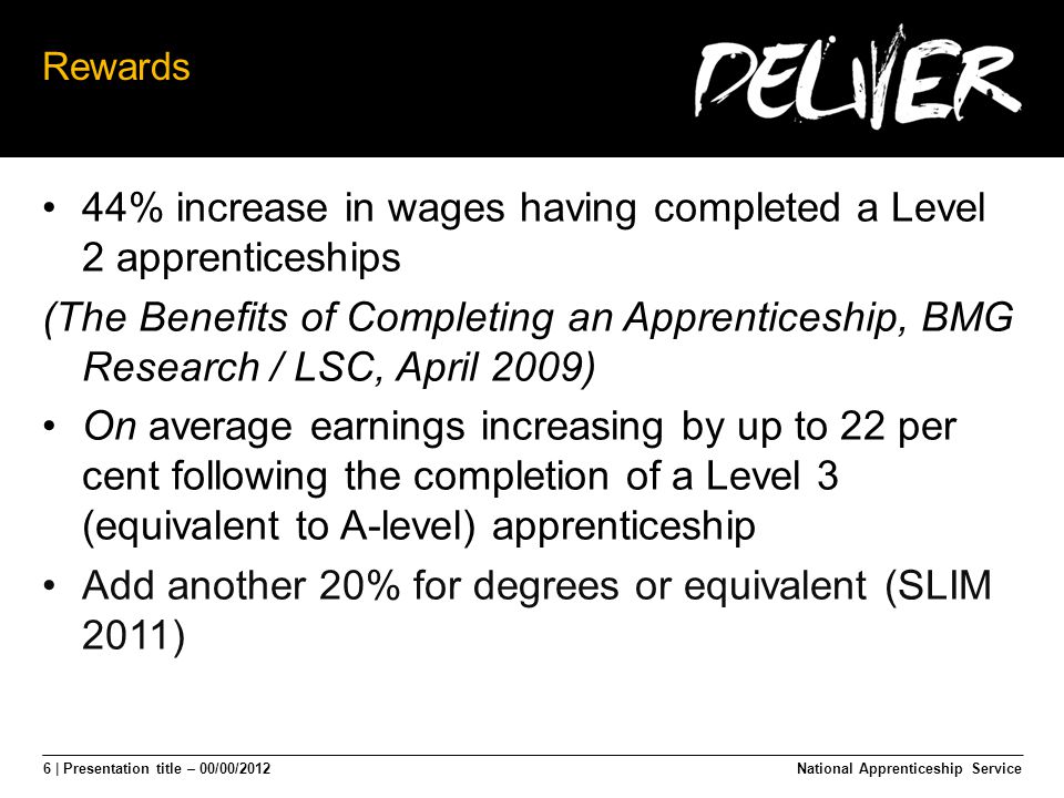 6 | Presentation title – 00/00/2012 Rewards 44% increase in wages having completed a Level 2 apprenticeships (The Benefits of Completing an Apprenticeship, BMG Research / LSC, April 2009) On average earnings increasing by up to 22 per cent following the completion of a Level 3 (equivalent to A-level) apprenticeship Add another 20% for degrees or equivalent (SLIM 2011) National Apprenticeship Service