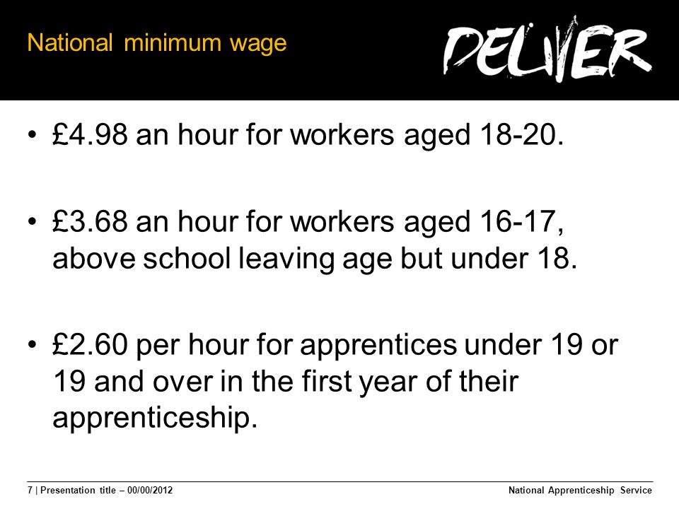 7 | Presentation title – 00/00/2012 National minimum wage £4.98 an hour for workers aged