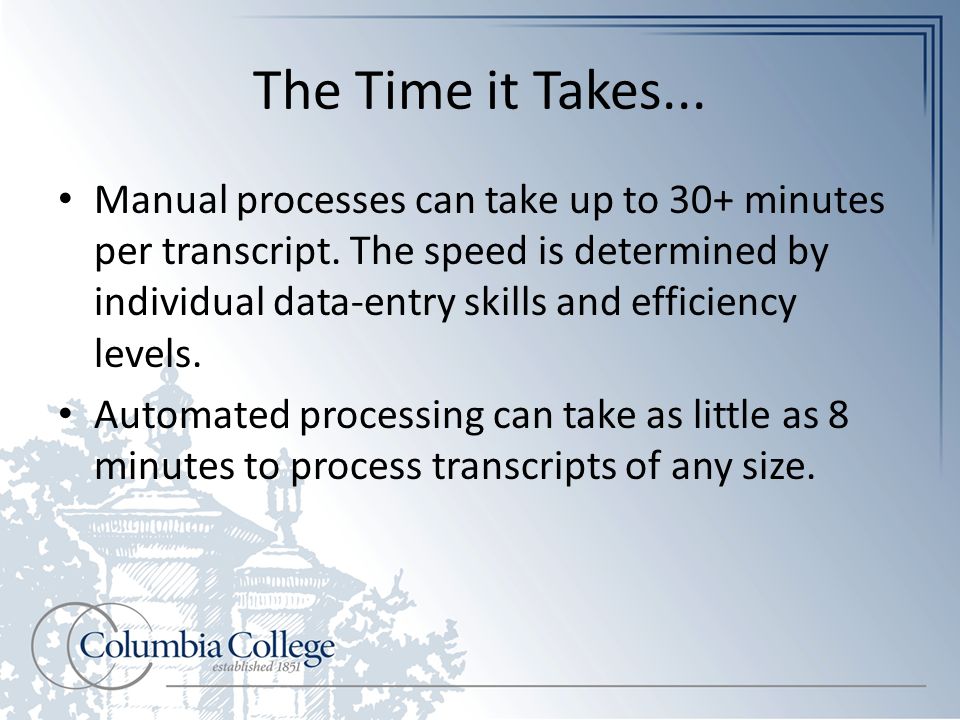 The Time it Takes... Manual processes can take up to 30+ minutes per transcript.