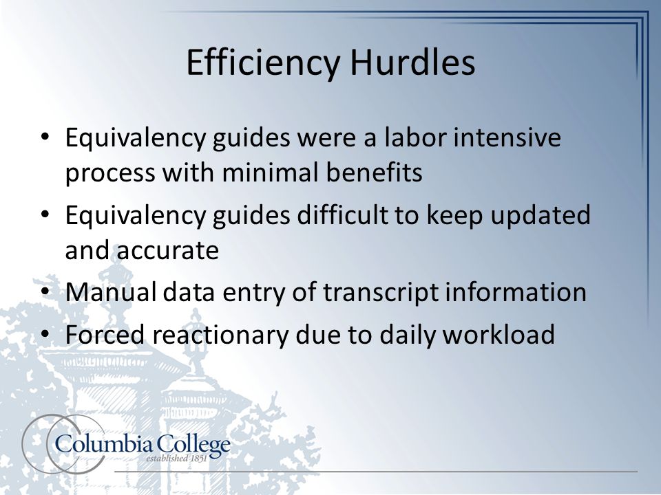 Efficiency Hurdles Equivalency guides were a labor intensive process with minimal benefits Equivalency guides difficult to keep updated and accurate Manual data entry of transcript information Forced reactionary due to daily workload