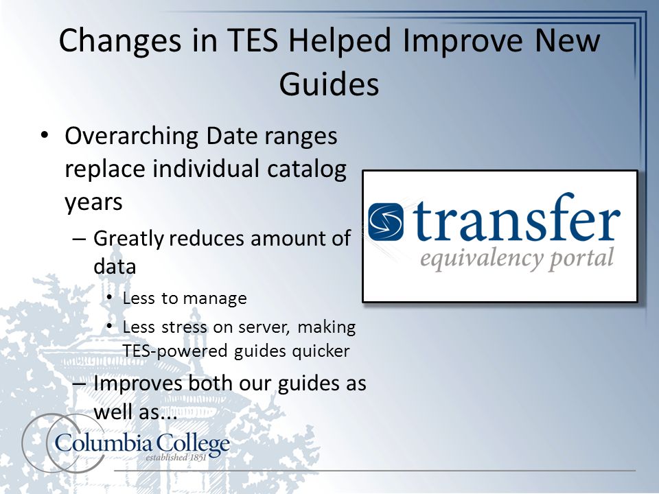 Changes in TES Helped Improve New Guides Overarching Date ranges replace individual catalog years – Greatly reduces amount of data Less to manage Less stress on server, making TES-powered guides quicker – Improves both our guides as well as...
