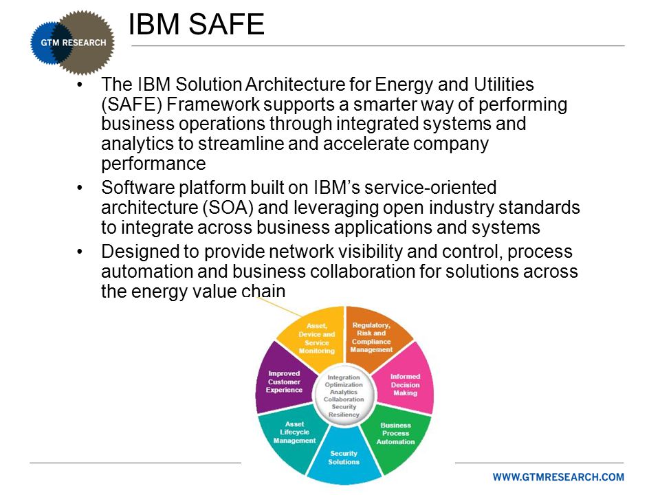 IBM SAFE The IBM Solution Architecture for Energy and Utilities (SAFE) Framework supports a smarter way of performing business operations through integrated systems and analytics to streamline and accelerate company performance Software platform built on IBM’s service-oriented architecture (SOA) and leveraging open industry standards to integrate across business applications and systems Designed to provide network visibility and control, process automation and business collaboration for solutions across the energy value chain