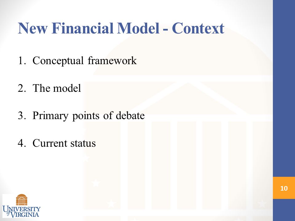 1.Conceptual framework 2.The model 3.Primary points of debate 4.Current status New Financial Model - Context 10