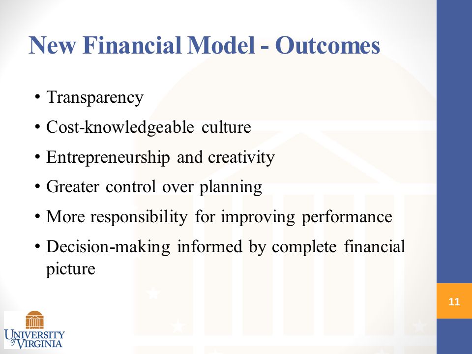New Financial Model - Outcomes Transparency Cost-knowledgeable culture Entrepreneurship and creativity Greater control over planning More responsibility for improving performance Decision-making informed by complete financial picture 11