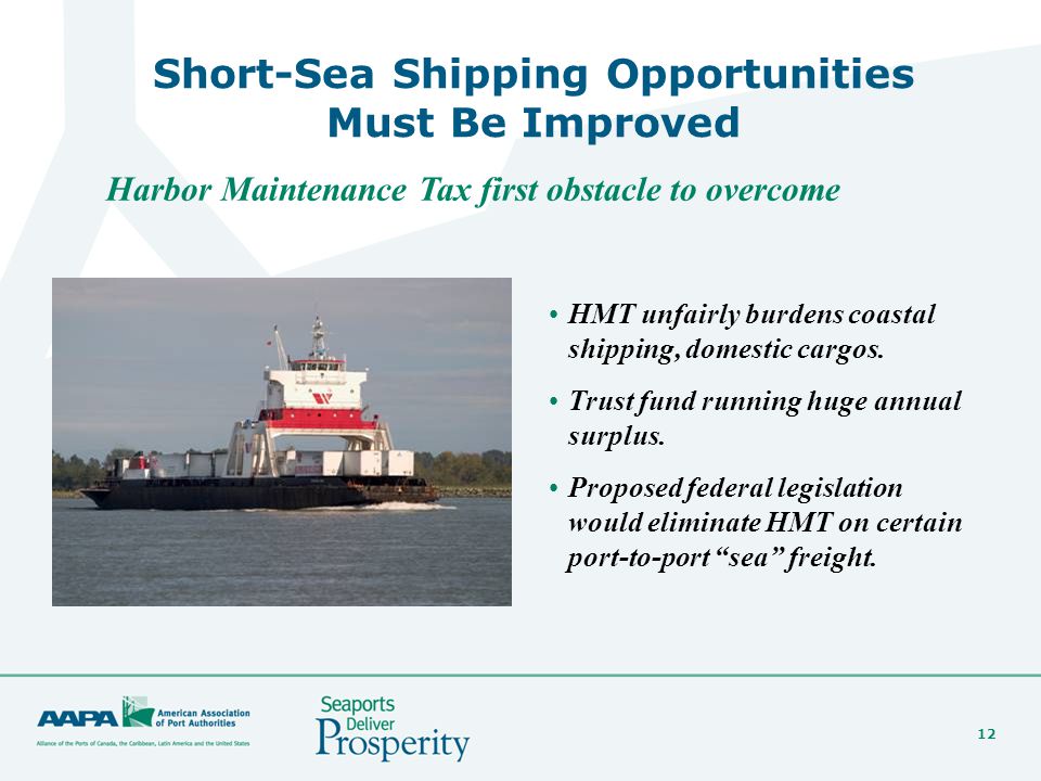 12 Short-Sea Shipping Opportunities Must Be Improved Harbor Maintenance Tax first obstacle to overcome HMT unfairly burdens coastal shipping, domestic cargos.