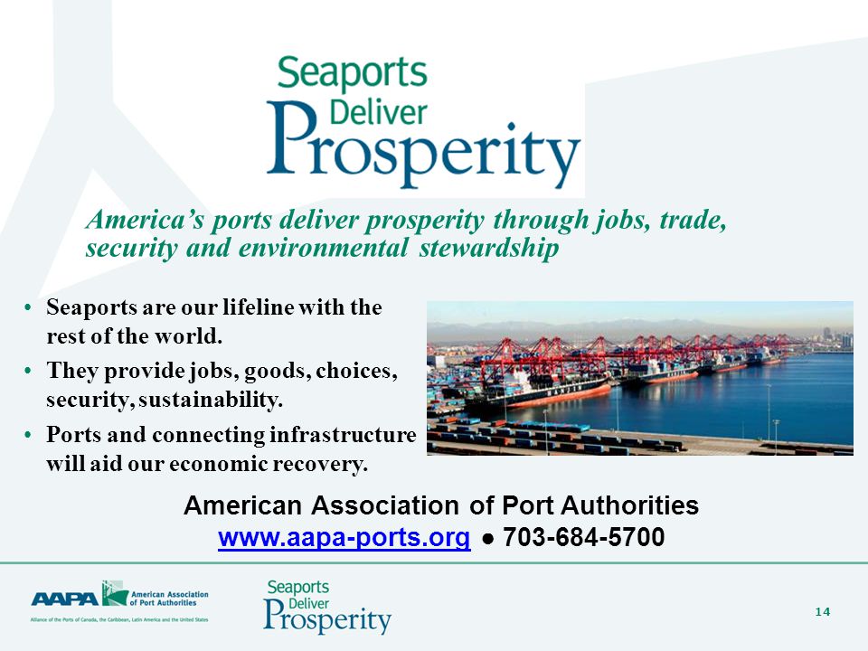 14 America’s ports deliver prosperity through jobs, trade, security and environmental stewardship Seaports are our lifeline with the rest of the world.
