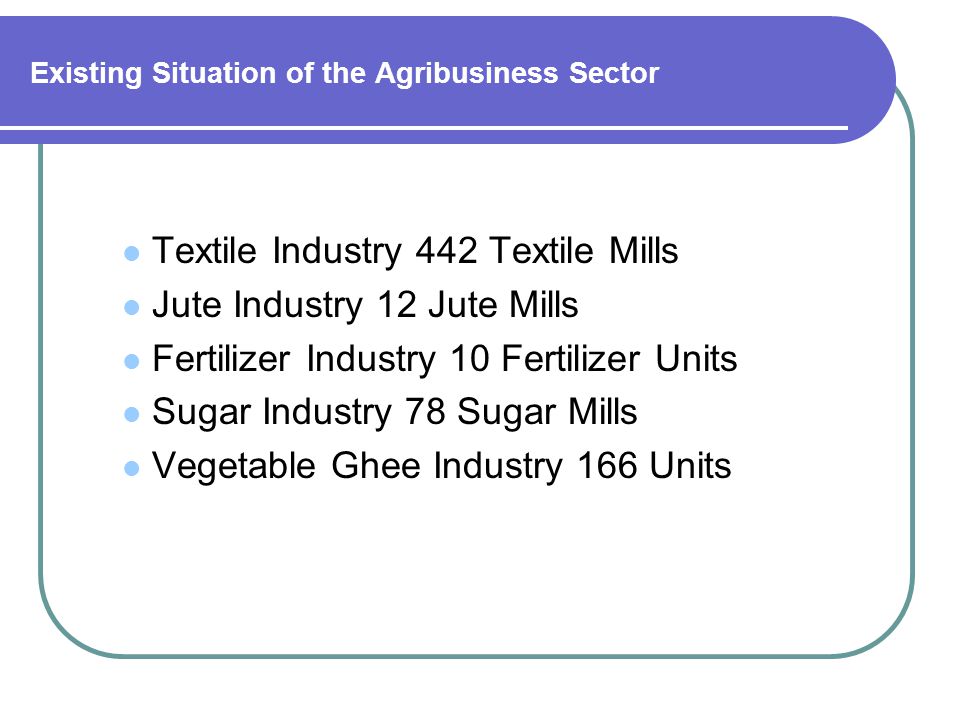 Existing Situation of the Agribusiness Sector Textile Industry 442 Textile Mills Jute Industry 12 Jute Mills Fertilizer Industry 10 Fertilizer Units Sugar Industry 78 Sugar Mills Vegetable Ghee Industry 166 Units